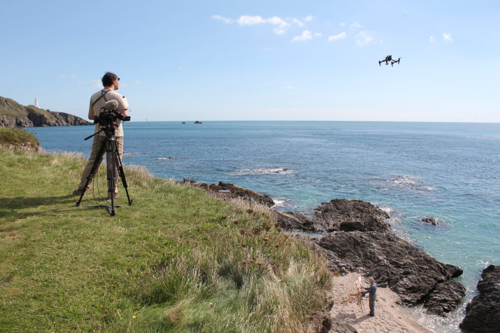 Richard Hughes filming Jeremy with a drone at Raven's Cove, Start Point, Devon