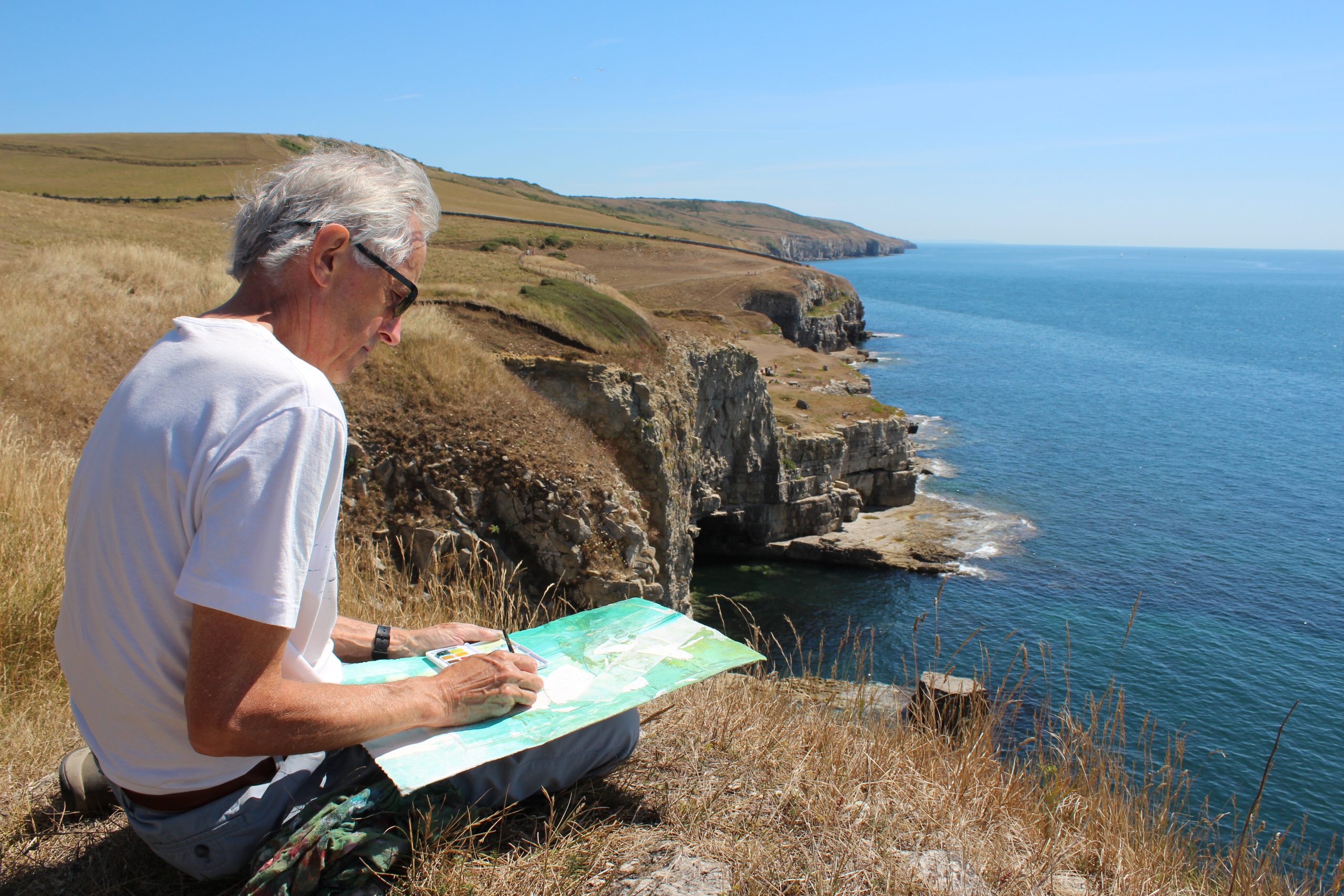 Jeremy Gardiner painting plein air, Watch Rock, Dorset